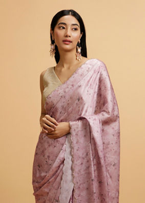 alt message - Mohey Women Pink Floral Watercolour Patterned Rhinestone Saree image number 1