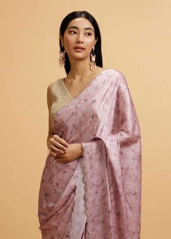 Mohey Women Pink Floral Watercolour Patterned Rhinestone Saree