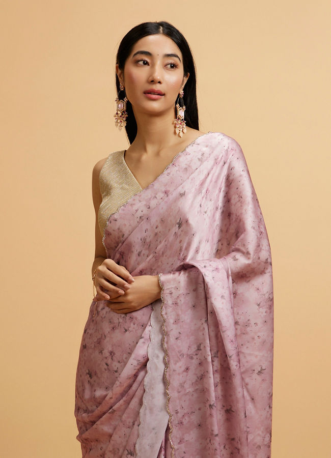 alt message - Mohey Women Pink Floral Watercolour Patterned Rhinestone Saree image number 1