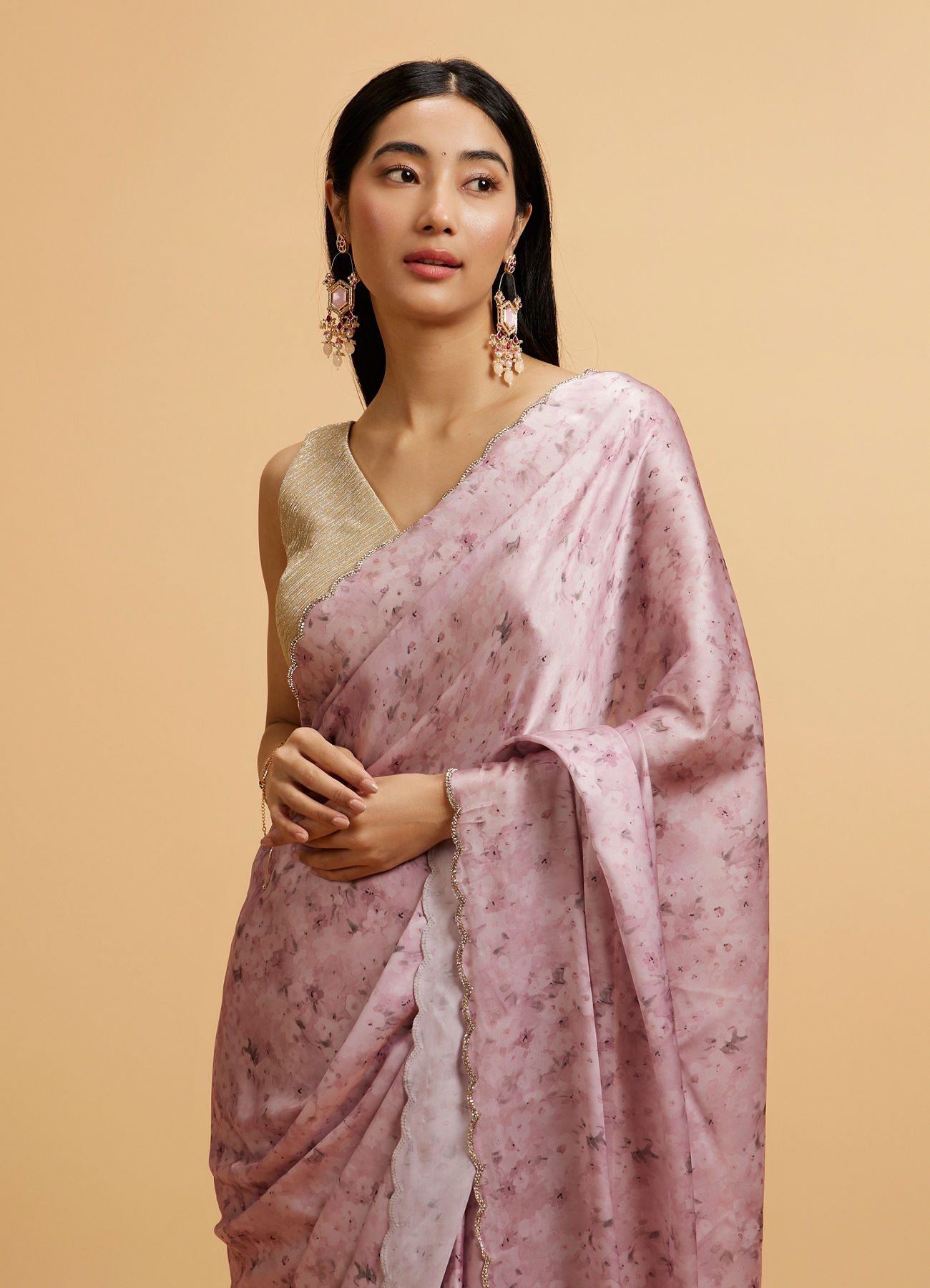 Mohey Women Pink Floral Watercolour Patterned Rhinestone Saree