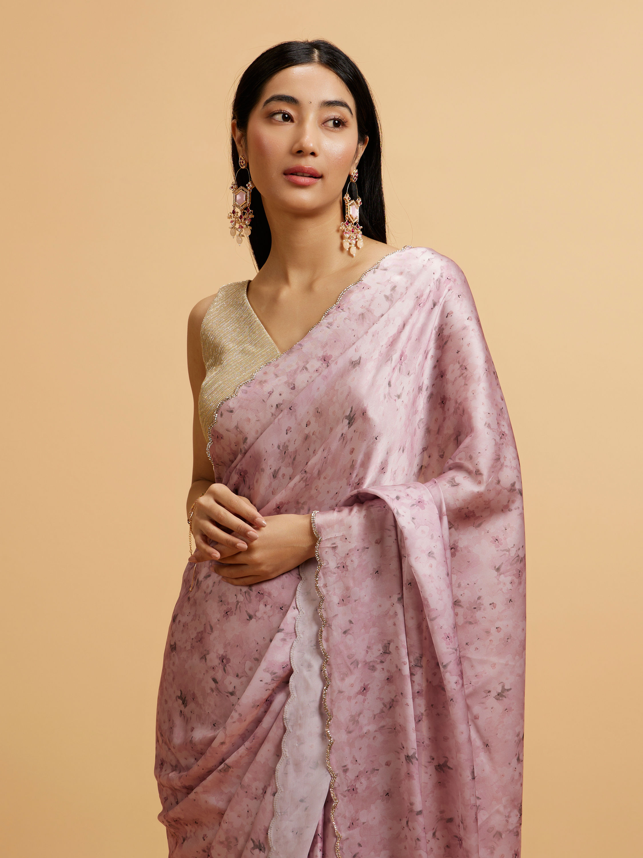 Mohey Women Pink Floral Watercolour Patterned Rhinestone Saree