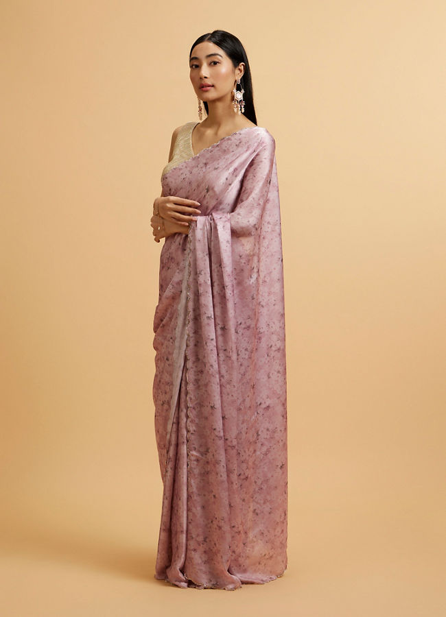 Mohey Women Pink Floral Watercolour Patterned Rhinestone Saree