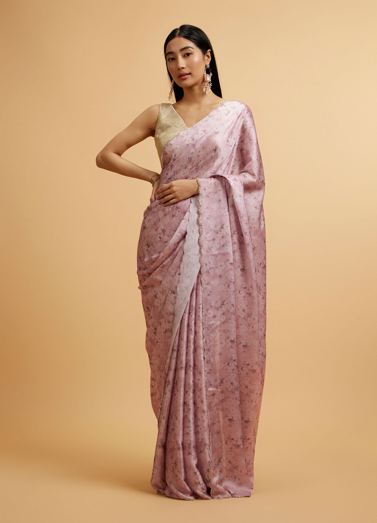 Mohey Women Pink Floral Watercolour Patterned Rhinestone Saree