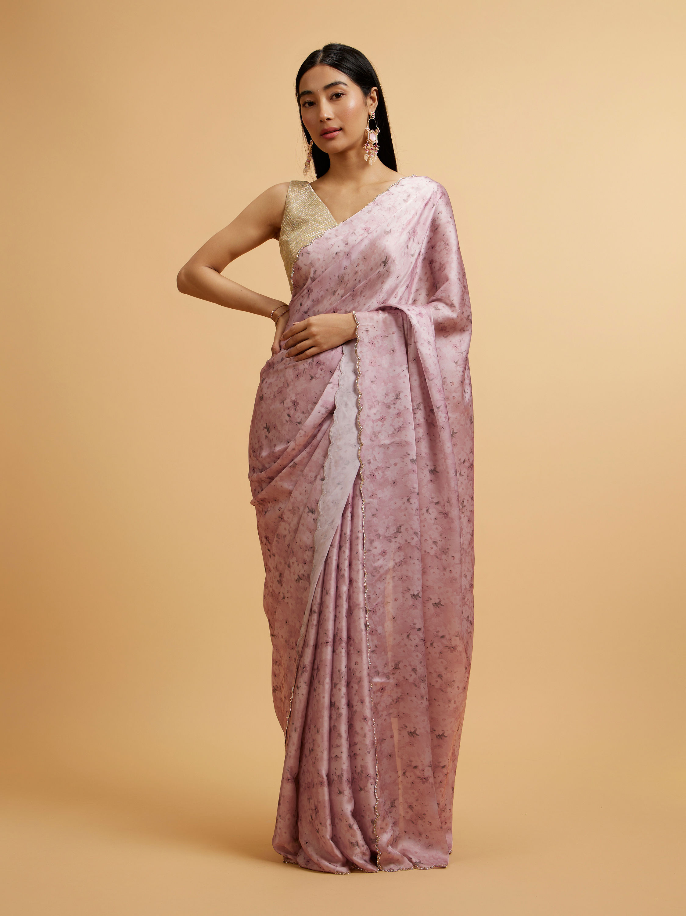 Mohey Women Pink Floral Watercolour Patterned Rhinestone Saree