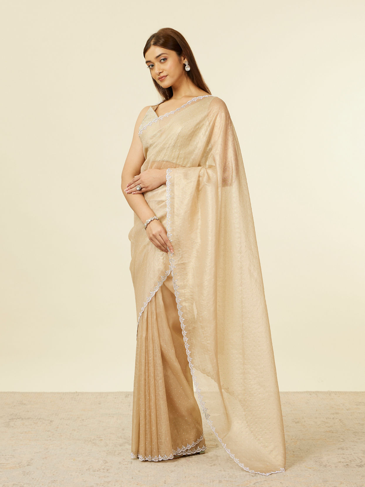 alt message - Mohey Women Classic Fawn Stone Embellished Saree image number 3