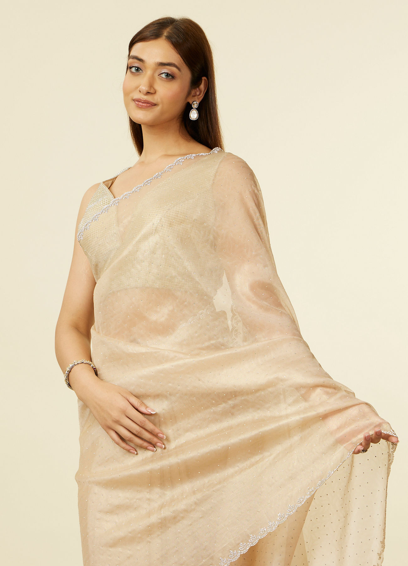 Mohey Women Classic Fawn Stone Embellished Saree