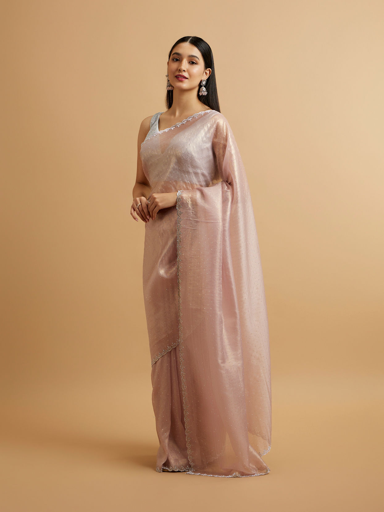 Mohey Women Purple Rhinestone Embellished Saree