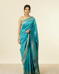 Mohey Women Teal Blue Chevron Patterned Saree