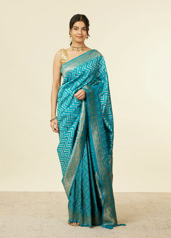 Mohey Women Teal Blue Chevron Patterned Saree