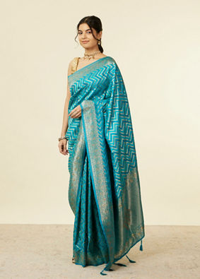 alt message - Mohey Women Teal Blue Chevron Patterned Saree image number 3