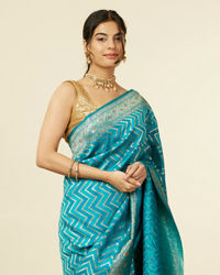 Mohey Women Teal Blue Chevron Patterned Saree