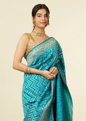 Mohey Women Teal Blue Chevron Patterned Saree