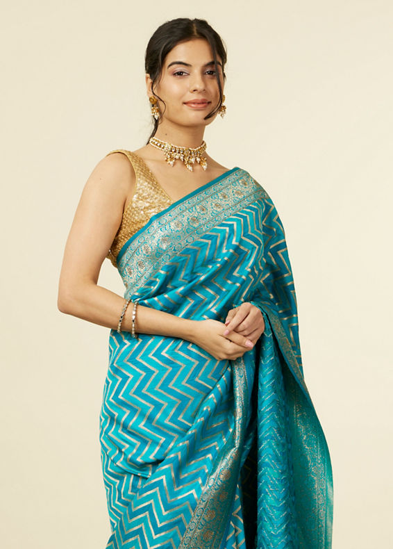 Mohey Women Teal Blue Chevron Patterned Saree