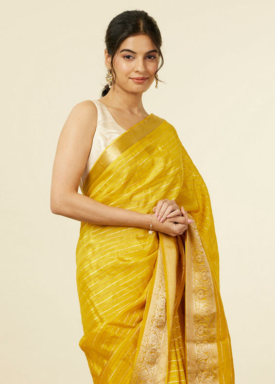 Mohey Women Mustard Organza Saree with Zari Weave