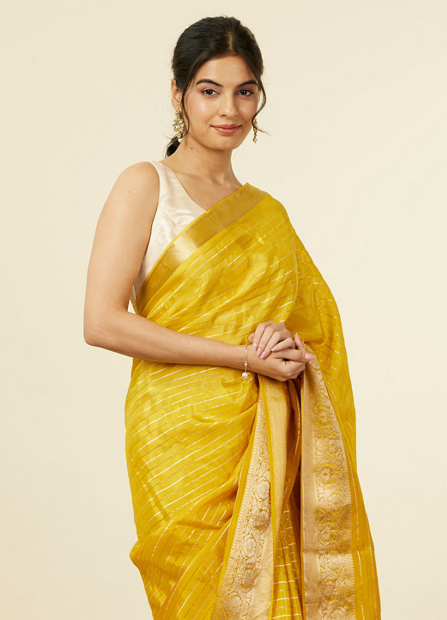 alt message - Mohey Women Mustard Organza Saree with Zari Weave image number 1