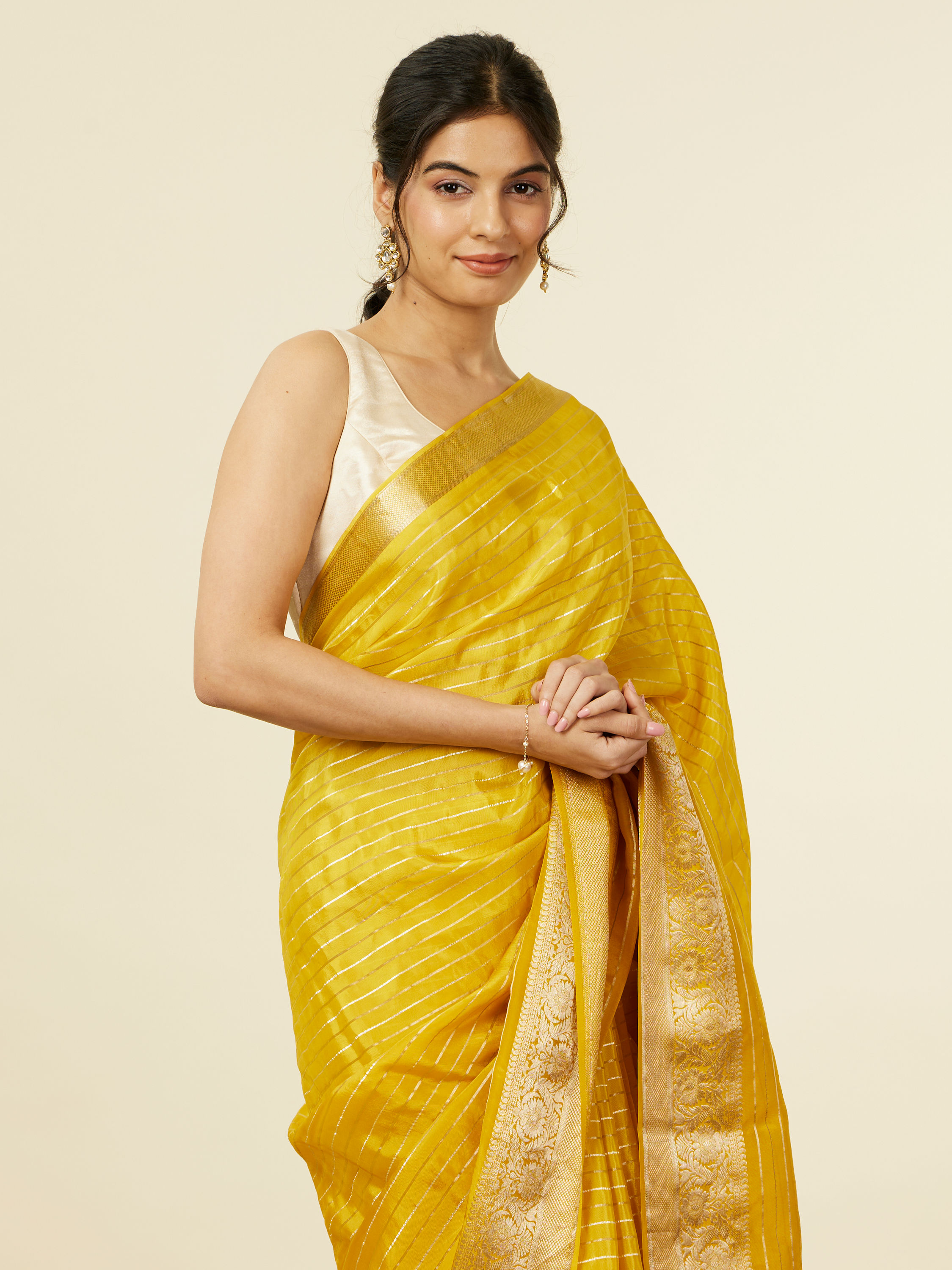 Mohey Women Mustard Organza Saree with Zari Weave