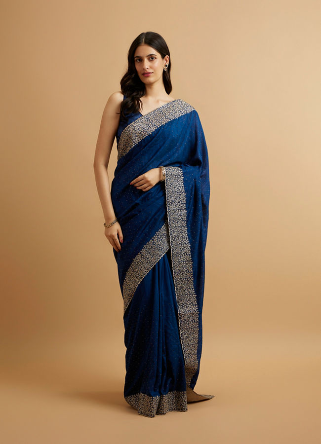 alt message - Mohey Women Indigo Blue Bel Buti Patterned Saree with Stone Embellishment image number 0