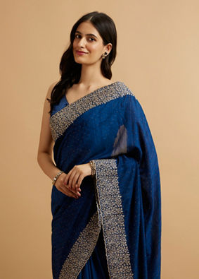 alt message - Mohey Women Indigo Blue Bel Buti Patterned Saree with Stone Embellishment image number 1