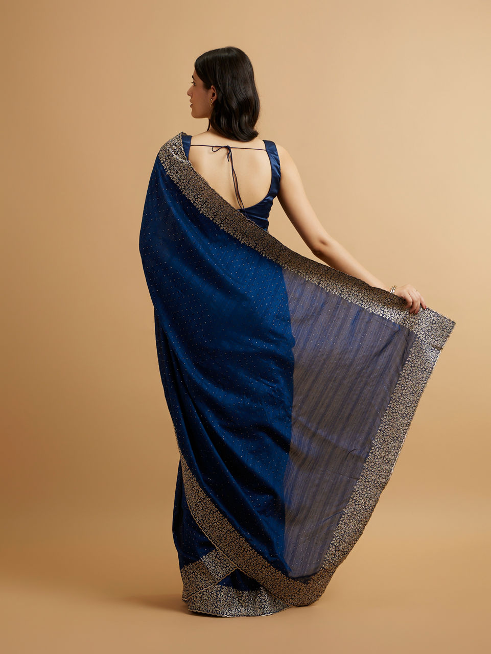 Mohey Women Indigo Blue Bel Buti Patterned Saree with Stone Embellishment