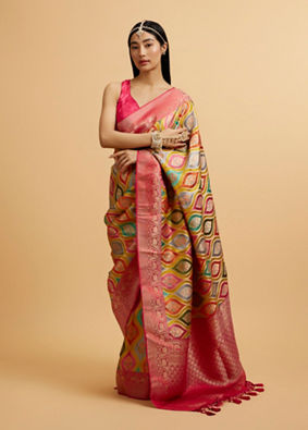 Mohey Women Cream Zari Weave with Rani Accents Saree