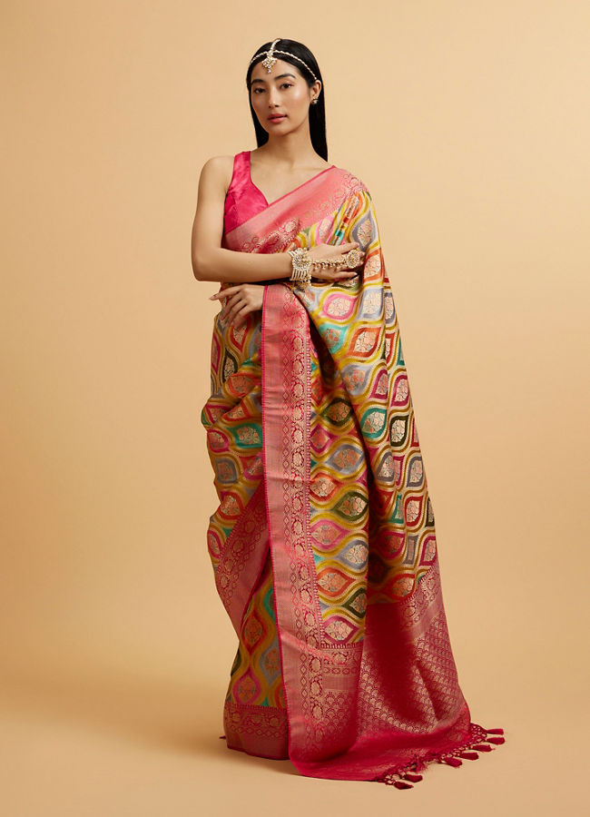 Mohey Women Cream Zari Weave with Rani Accents Saree