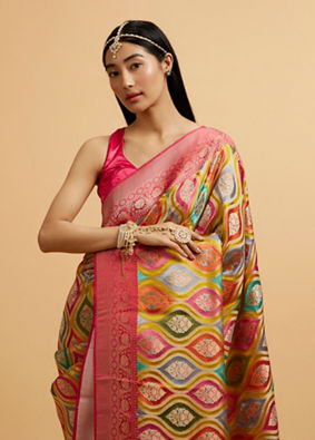 Mohey Women Cream Zari Weave with Rani Accents Saree