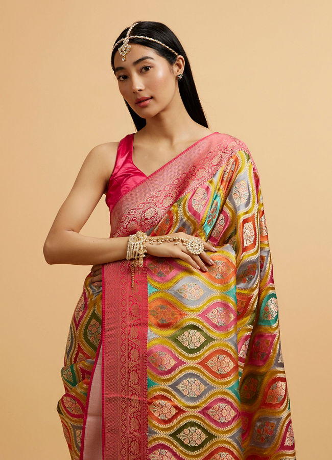 Mohey Women Cream Zari Weave with Rani Accents Saree