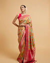 Green and Rani Ogee Patterned Saree with Scallop Borders & Tassel Trims