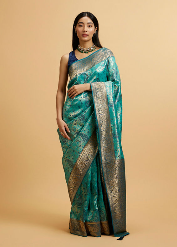 Mohey Women Teal Blue Paisley Patterned Saree with Rhinestones