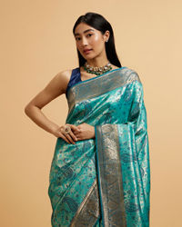 Mohey Women Teal Blue Paisley Patterned Saree with Rhinestones