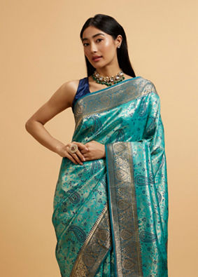Mohey Women Teal Blue Paisley Patterned Saree with Rhinestones