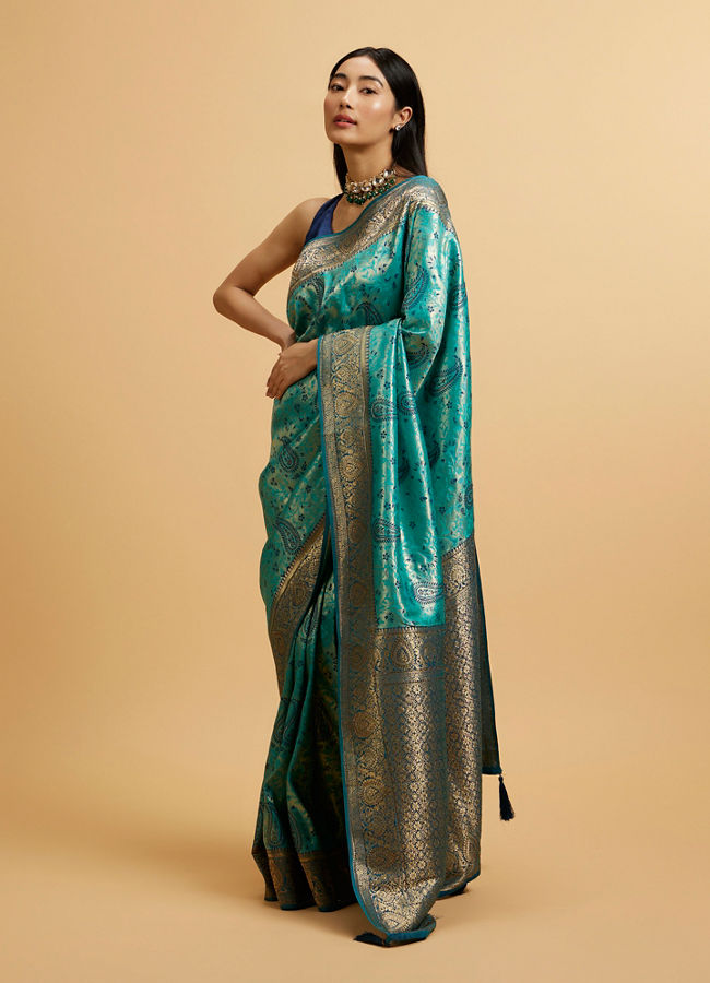 alt message - Mohey Women Teal Blue Paisley Patterned Saree with Rhinestones image number 1