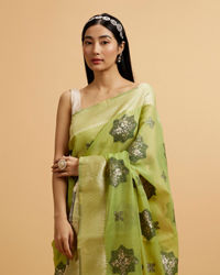 Mohey Women Pista Green Floral Motifs in Zari Work Saree