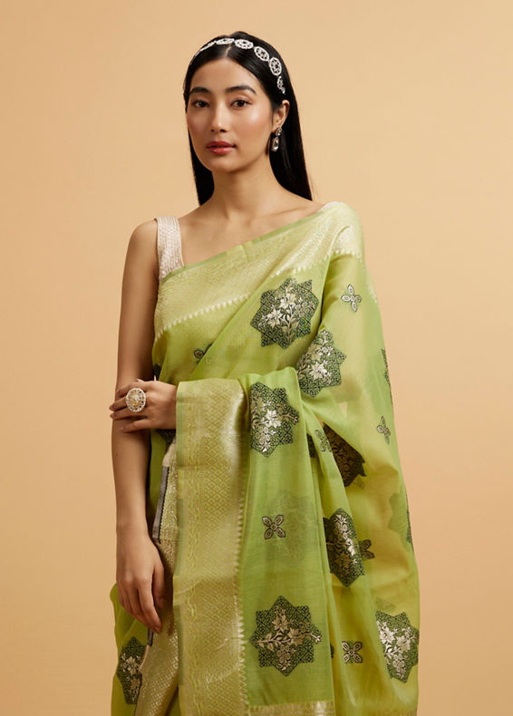 Mohey Women Pista Green Floral Motifs in Zari Work Saree