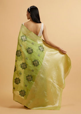 alt message - Mohey Women Pista Green Floral Motifs in Zari Work Saree image number 4