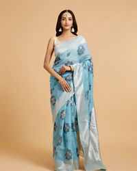 Mohey Women Turquoise Blue Floral Motifs in Zari Work Saree