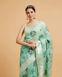 Mohey Women Sea Green Floral Motifs in Zari Work Saree