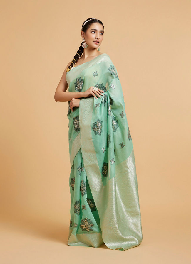 Mohey Women Sea Green Floral Motifs in Zari Work Saree