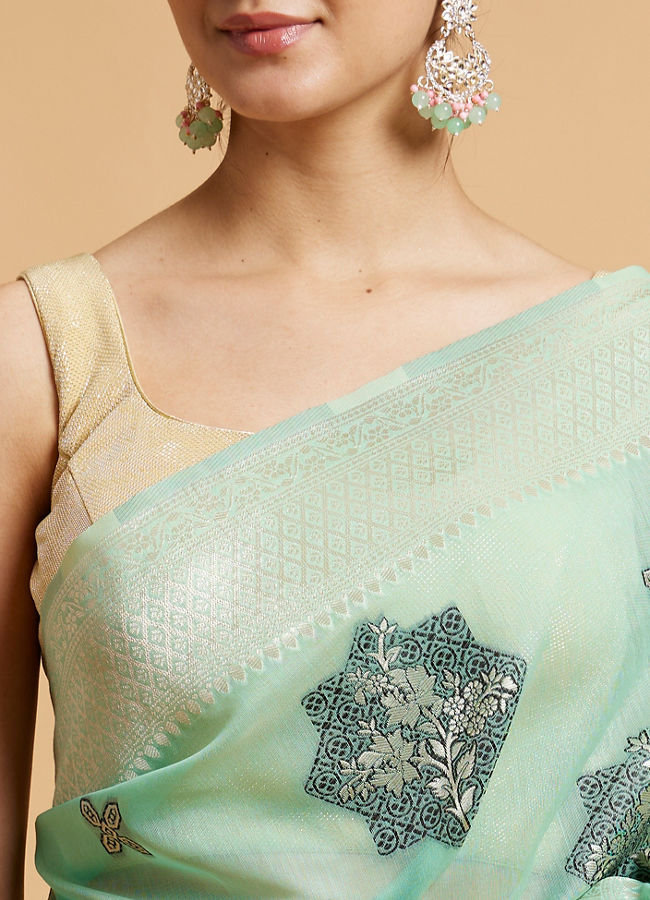Mohey Women Sea Green Floral Motifs in Zari Work Saree