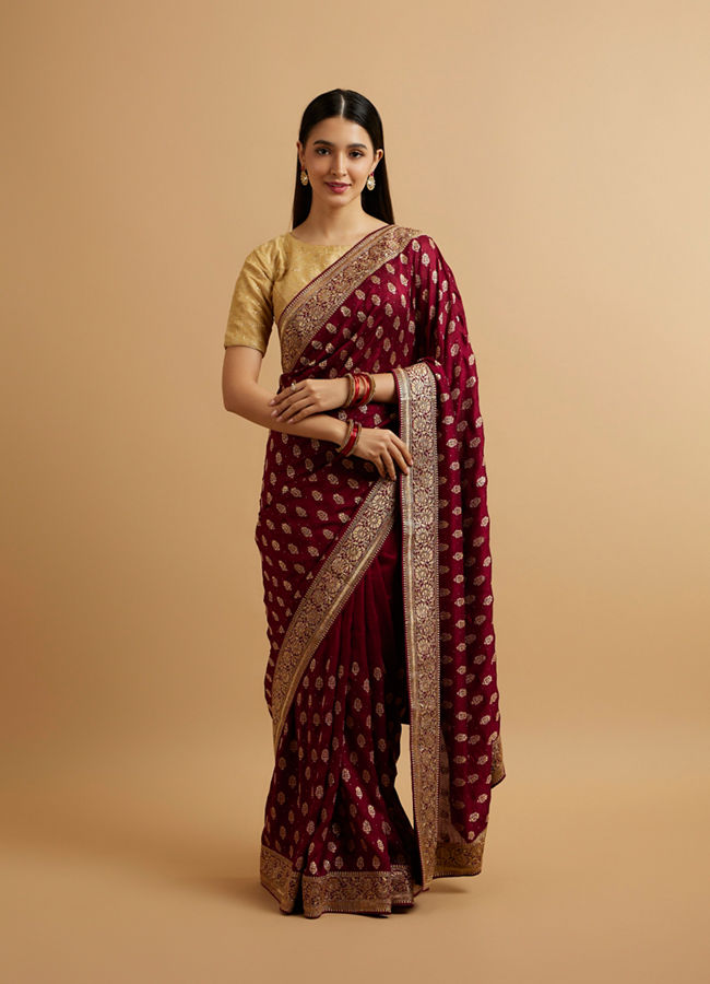 alt message - Mohey Women Wine Floral Buta Patterned Saree with Stone Embellishments image number 0