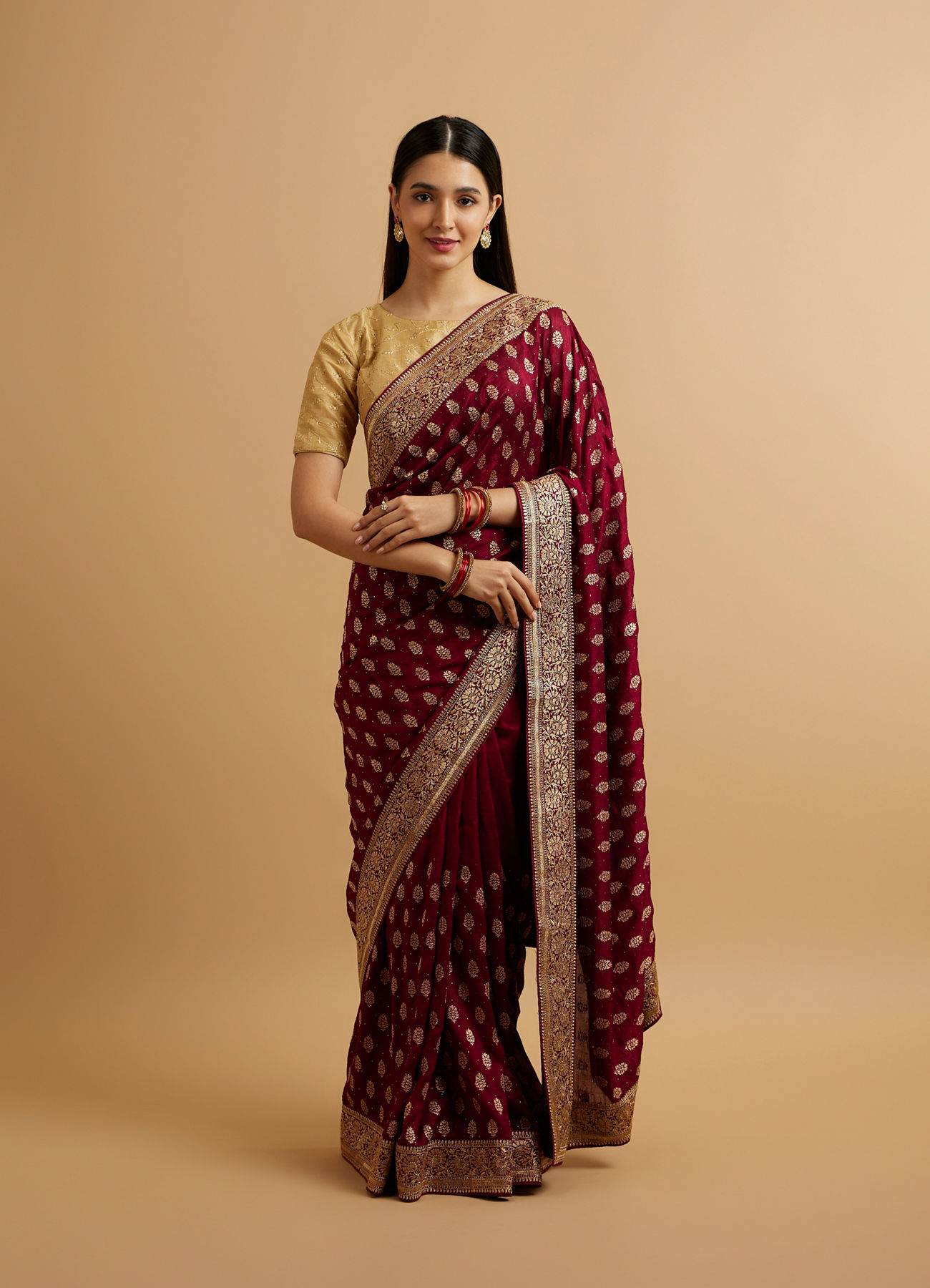 Mohey Women Wine Floral Buta Patterned Saree with Stone Embellishments