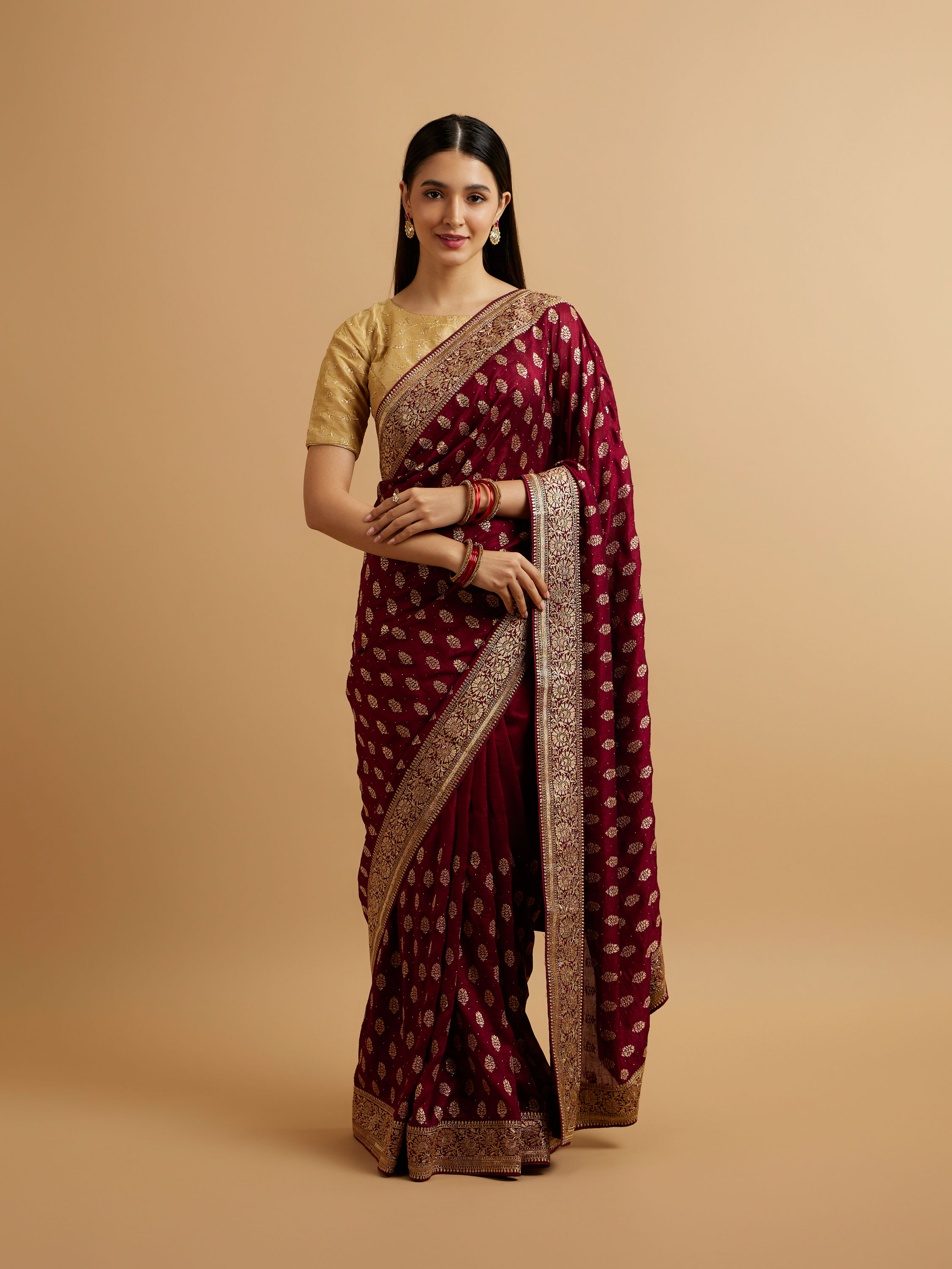 Mohey Women Wine Floral Buta Patterned Saree with Stone Embellishments