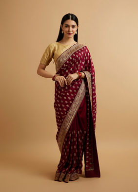 alt message - Mohey Women Wine Floral Buta Patterned Saree with Stone Embellishments image number 2