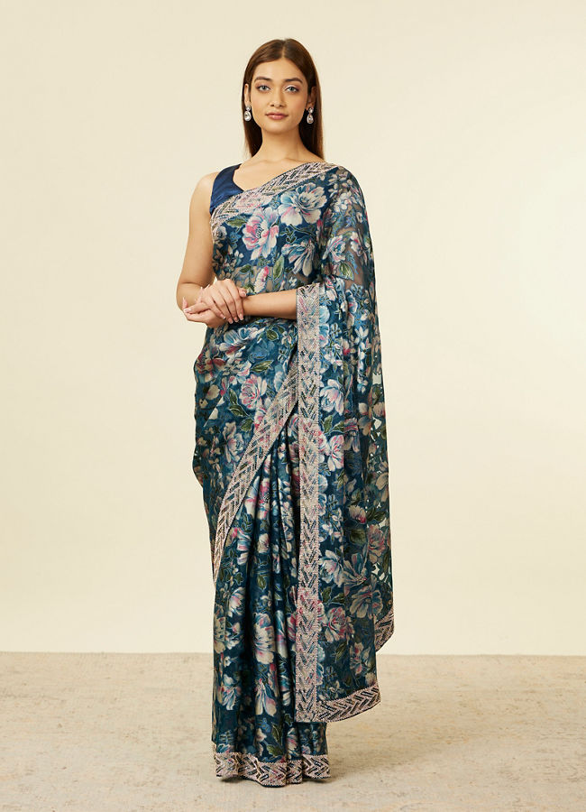 alt message - Mohey Women Teal Blue Floral Patterned Saree image number 0