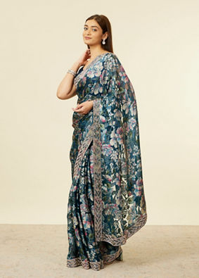 alt message - Mohey Women Teal Blue Floral Patterned Saree image number 3