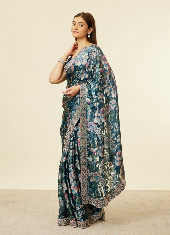 alt message - Mohey Women Teal Blue Floral Patterned Saree image number 3