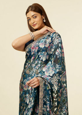 alt message - Mohey Women Teal Blue Floral Patterned Saree image number 1