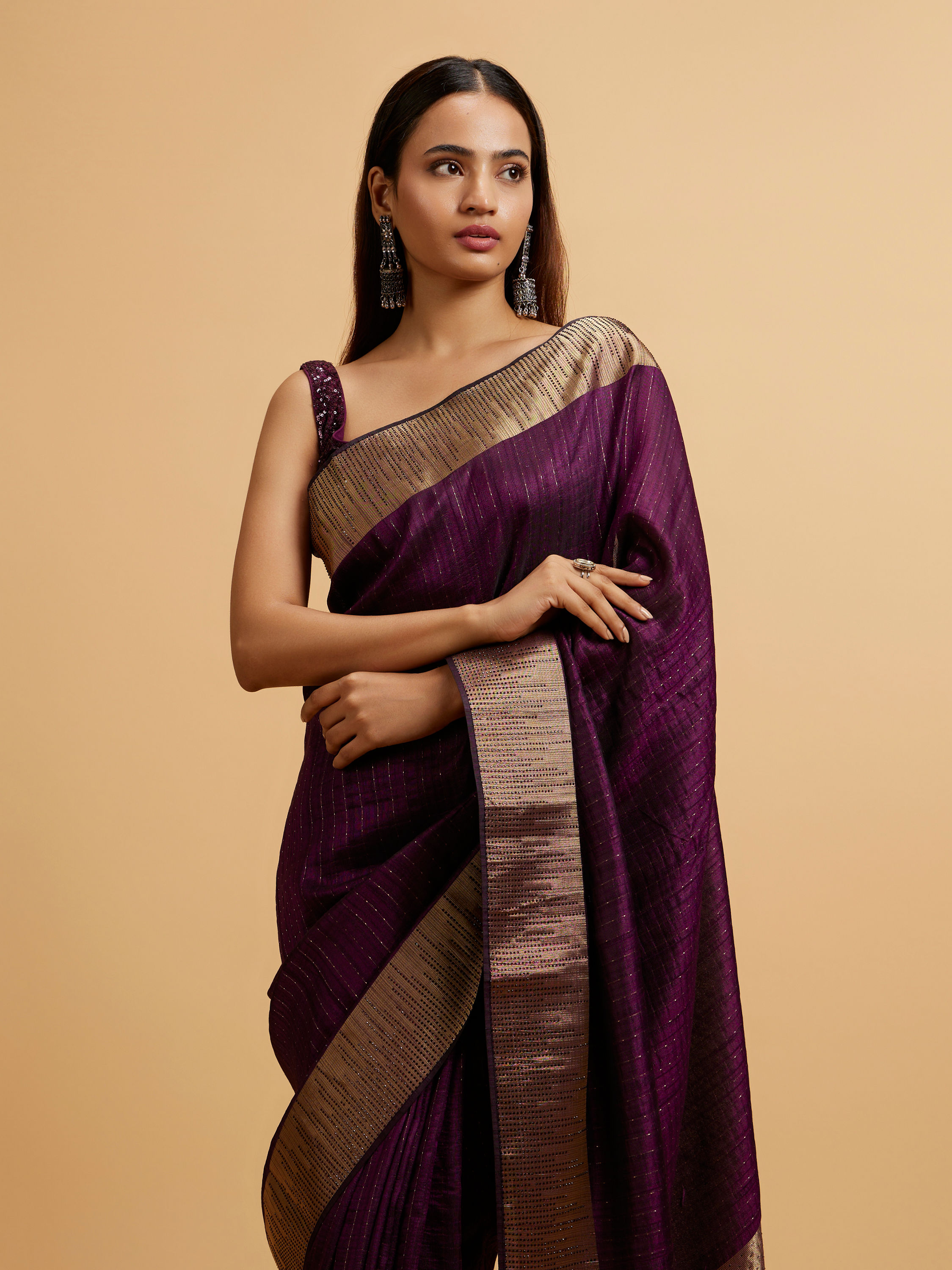 Mohey Women Wine Linear Patterned Rhinestone Saree