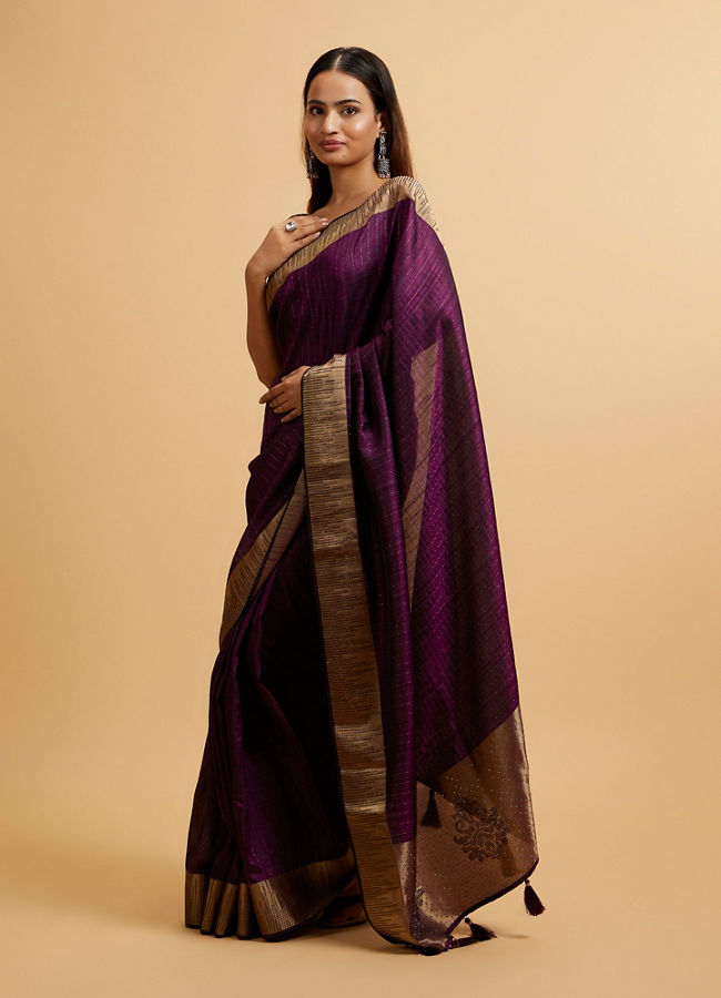 Mohey Women Wine Linear Patterned Rhinestone Saree