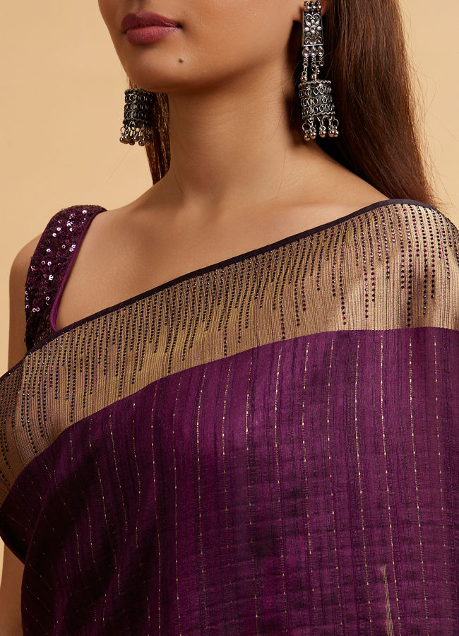 Mohey Women Wine Linear Patterned Rhinestone Saree